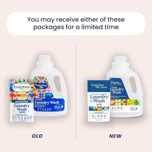 Truly Free Laundry Wash Detergent for Sensitive Skin, Gentle & Safe for Baby Clothes | Plant-Based, Natural Ingredients | Unscented | Include 1 Refillable Bottle (150 Loads)