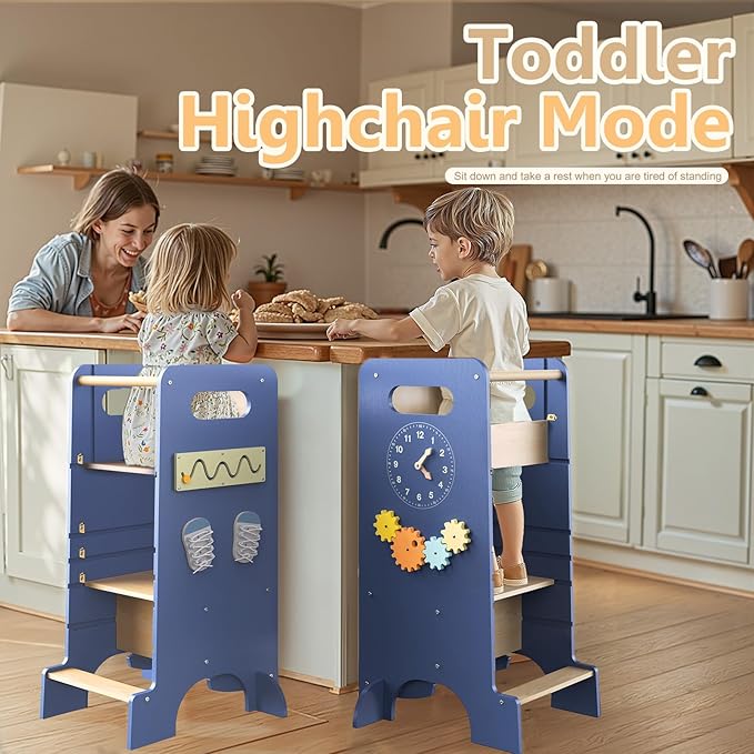 Toddler Tower 4-in-1 Multifunctional Kitchen Step Stool Helper with Removable Safety Board, Adjustable Heights, Slide, Highchair, Chalkboard, Montessori Games-Blue