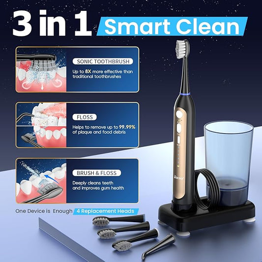 Electric Toothbrush with Water Flosser Combo- Wireless Charging Flossing Toothbrush- All in One Sonic Toothbrush with 3 Modes & 5 Flosses- Portable & Powerful Water Flosser for Teeth Cleaning,Travel