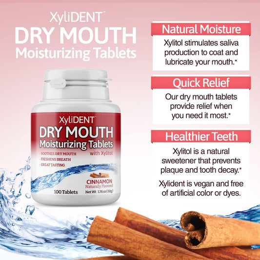 Nature's Stance XyliDENT Xylitol Tablets for Dry Mouth Relief - Stimulates Saliva, Freshens Breath, Reduces Acid Production, Fast Acting Relief, 100 Count (Cinnamon)