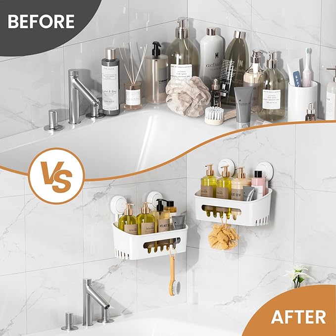 LEVERLOC Shower Caddy Suction Cup 2 Pack, Shower Organizer Removable Bathroom Shelf, Storage Suction Powerful Max Hold 22lbs Bathroom Caddy Waterproof Holder, White