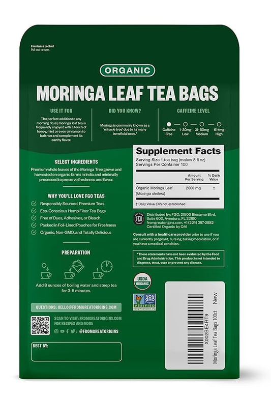 FGO Organic Moringa Tea, 100 Count, Eco-Conscious Tea Bags, Resealable Bag, Caffeine Free, Packaging May Vary (Pack of 1)