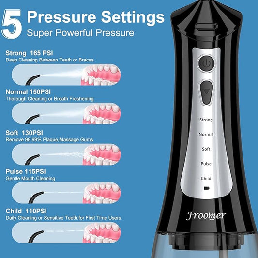 Froomer Water Flosser,Water Dental Forsser for Teeth Clean, 5Modes 4 Jet Tips,Rechargeable Portable Water Flossers for Teeth,300ML Tanks for Travel Friendly(Black