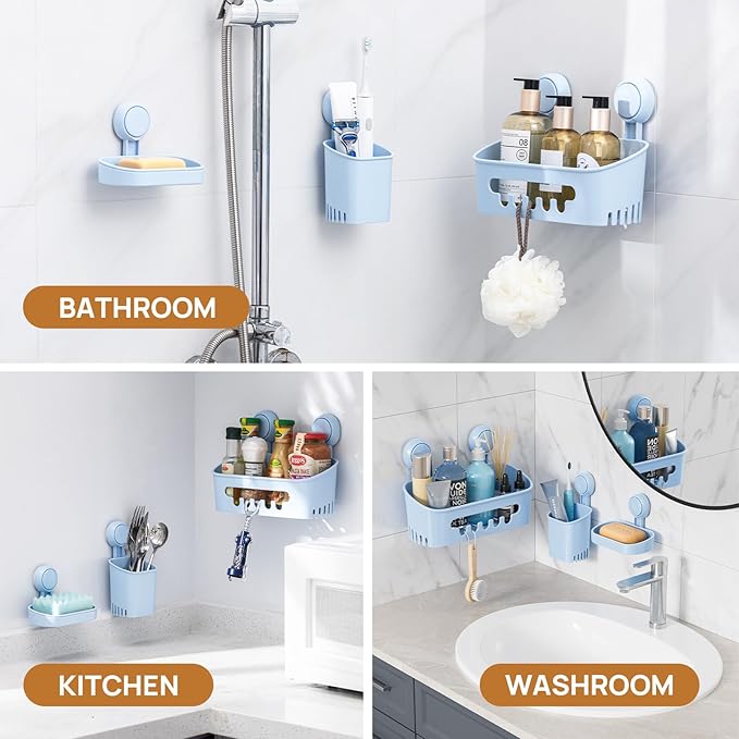 LEVERLOC Shower Caddy Suction Cup Set Shower Organizer & Soap Holder & Toothbrush Holder, Bathroom Shelf Basket NO-Drilling, Removable Suction Storage Waterproof Bathroom Caddy, Blue