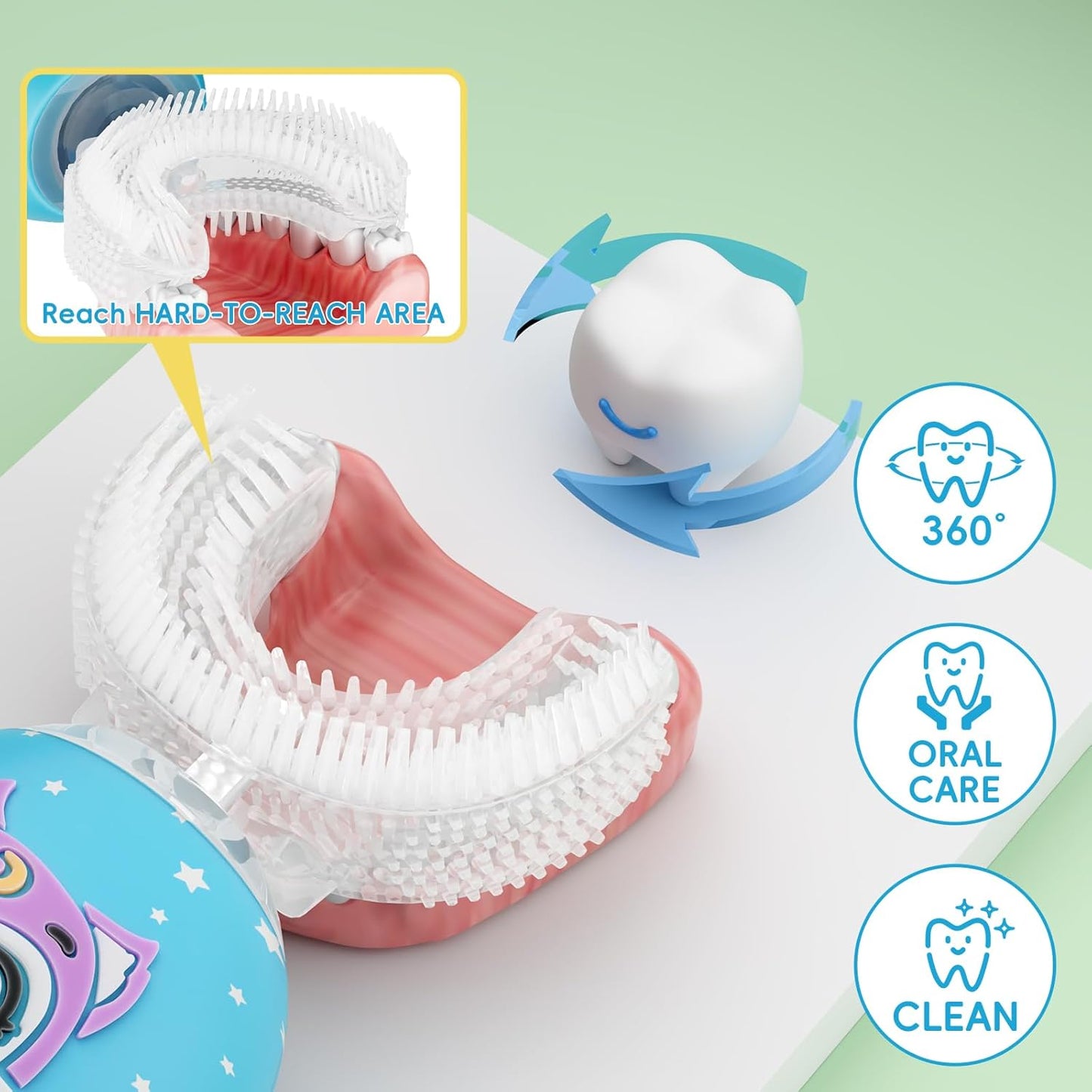 Kids U Shaped Electric Toothbrush Age 2-12, 360-Degree Ultra Quiet Whole Mouth Toothbrush,4 Brush Heads,2 Mode