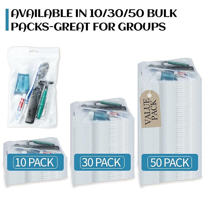 50 Pack Hygiene Kits for Homeless in Bulk, 8-in-1 Personal Toiletry Kit Individually Packed with Toothbrush, Toothpaste, Comb, Flossers,Shampoo, Soap, Razor & Shaving Cream
