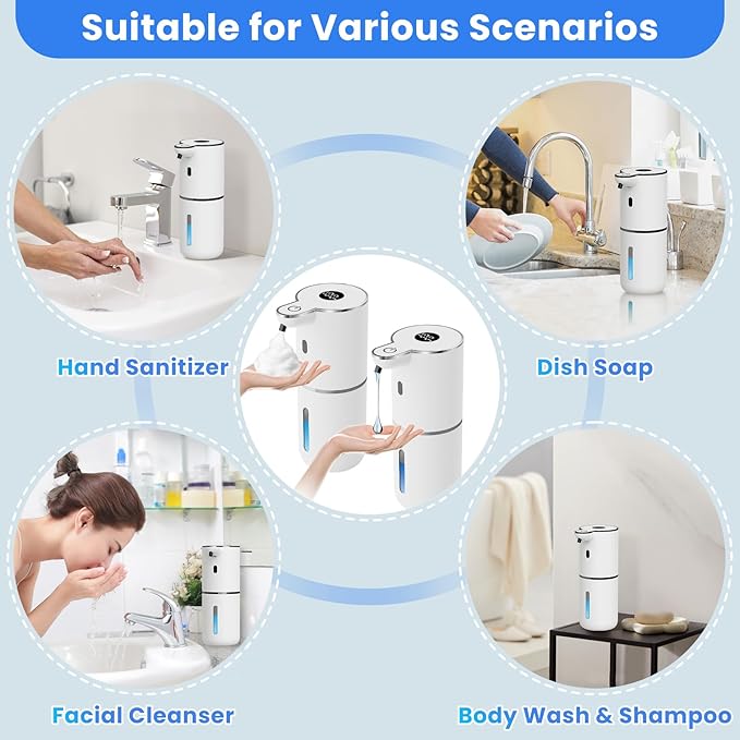 2 Pack Automatic Soap Dispenser, Touchless Liquid & Foaming Soap Dispensers, USB Rechargeable, 6-Level Adjustable Volume Control, 12.8oz/380ml, Wall Mount for Kitchen, Bathroom, Hotel, Easy for Kids