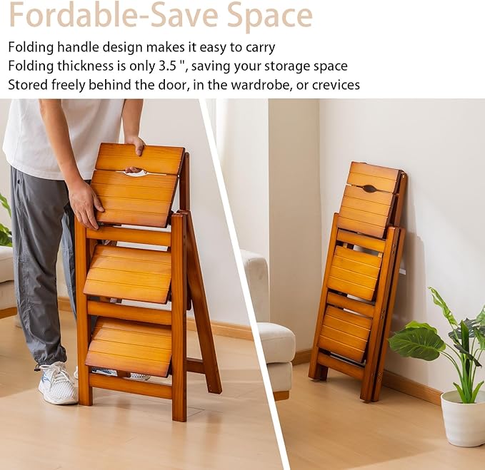 Latifolia Foldable 3 Step Ladder, Wooden Step Stool with Floor Saver, Decorative Ladder Shelf for Living Room, Kitchen, Garden(Walnut)