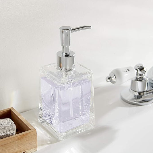 Huang Acrylic Clear Square Tapered Soap Dispenser Crystal Clear Acrylic | Sturdy and Elegant Construction Makes it Perfect for Kitchen or Bathroom | Shatter-Proof, Durable and Compact Design