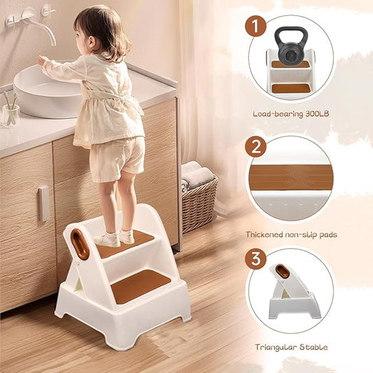 Two Step Stool for Kids,Foldable 2 Step Stool for Toddlers,Non-Slip with Handles Kids Stool for Bathroom Sink,Toilet Bedroom, Potty Training,Kitchen