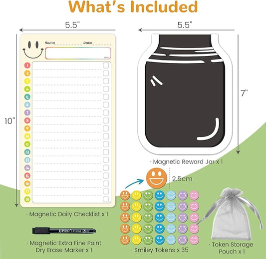JJPRO Magnetic Chore Chart for Kids with Reward Jar- 10" x5.5“ Daily Checklist Board Routine Chart to Do List,Reward Chore Chart for Toddlers, Behavior Reward Chart System-Yellow