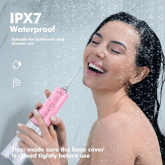 Water Flosser Teeth Pick: 5 Modes Cordless Water Dental Floss 300ML Portable Rechargeable IPX7 Waterproof Electric Water Flossing Cleaning Picks with 6 Jet Tips Oral Irrigator Cleaner, Pink
