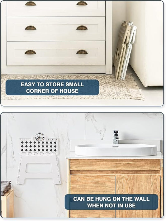 Dyforce Folding Step Stool 9 Inch, Kids Step Stool, Heavy Duty Step Stools for Adults, Compact Foot Stools, Light-Weight Toddler Step Stools for Kitchen, Bathroom, Holds Up to 300 lbs (White)