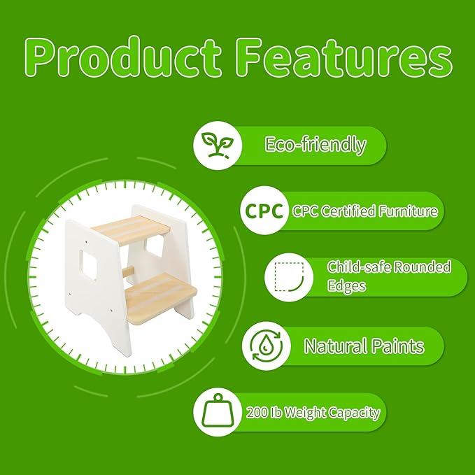 WOOD CITY Toddler Step Stool-Wooden 2 Step Stools for Bathroom Sink Potty Training Kitchen Stool Helper for Kids Bonus Non-Slip Pads and Handles for Safety White
