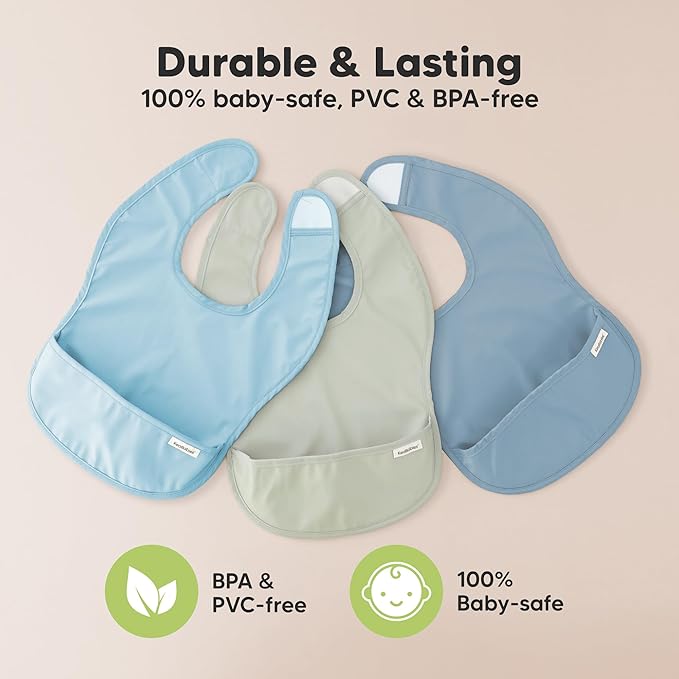KeaBabies 3-Pack Waterproof Baby Bibs for Eating - Lightweight Toddler Feeding Bibs with Large Food Catcher, Mess Proof, Food-Grade Baby Eating Essentials, Easy to Put On & Clean (Ocean)