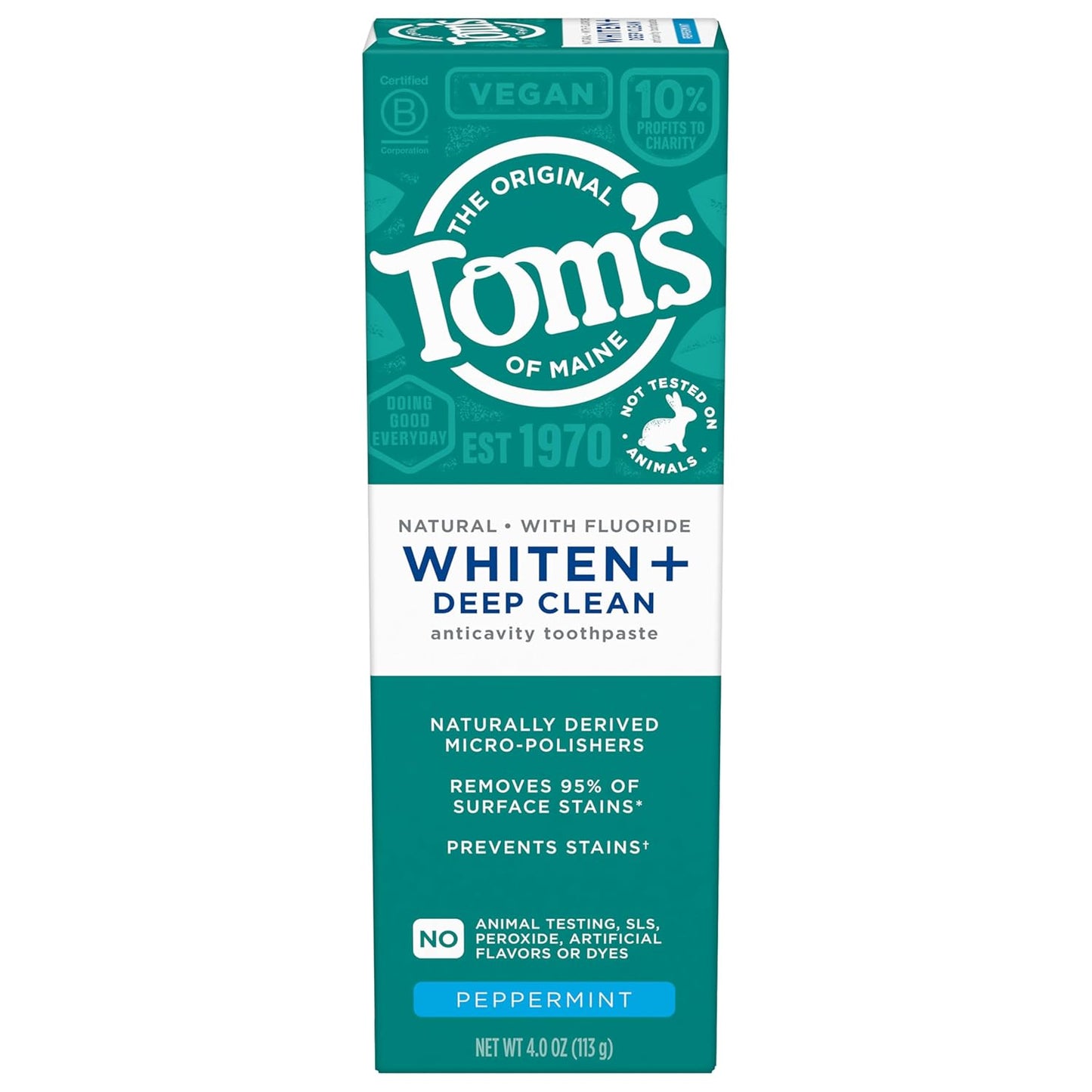 Tom’s of Maine Whiten Plus Deep Clean Whitening Toothpaste, Natural Whitening Toothpaste with Plant-Based Cleansers, Enamel Safe Formula, Whitens Without Causing Sensitivity, Peppermint, 4.0 oz