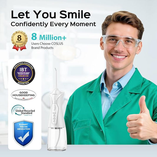 COSLUS Water Dental Flosser Pick for Teeth: 4 Modes Cordless Portable 300ML Larger Tank Water Teeth Cleaner IPX7 Waterproof Flossing Cleaning Picks for Home Travel White C30(FC5360)