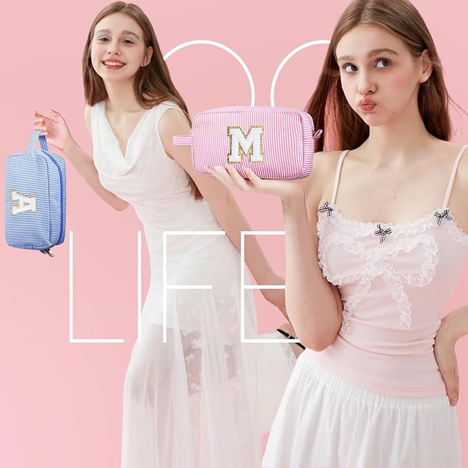 YOOLIFE Gifts for Daughter Girls Kids - 3 4 5 6 7 8 9 10 11 12 13 14 Year Old Girl Birthday Gifts, Teen Girl Gifts Trendy Stuff, Personalized Initial Makeup Bag, Blue Toiletry Bag, Letter A