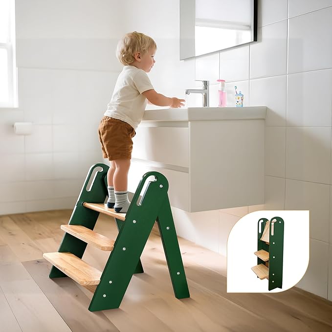 Step Stool for Toddler, 3-Step Kids Step Stool for Bathroom Sink, Foldable Toilet Potty Training Stool with Handles, Child Kitchen Counter Stool Helper Wooden Ladder for Toddlers (Green)