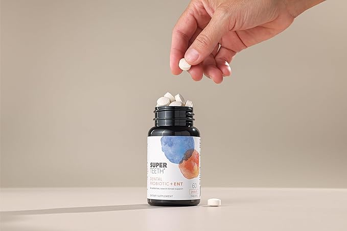 Super Teeth ENT Probiotic | BLIS K12 & M18 Probiotics | for Oral Microbiome Health & Sinus, Throat & Immune Support | 60 Natural Peach Flavored Chewable Tablets | Dental Probiotic