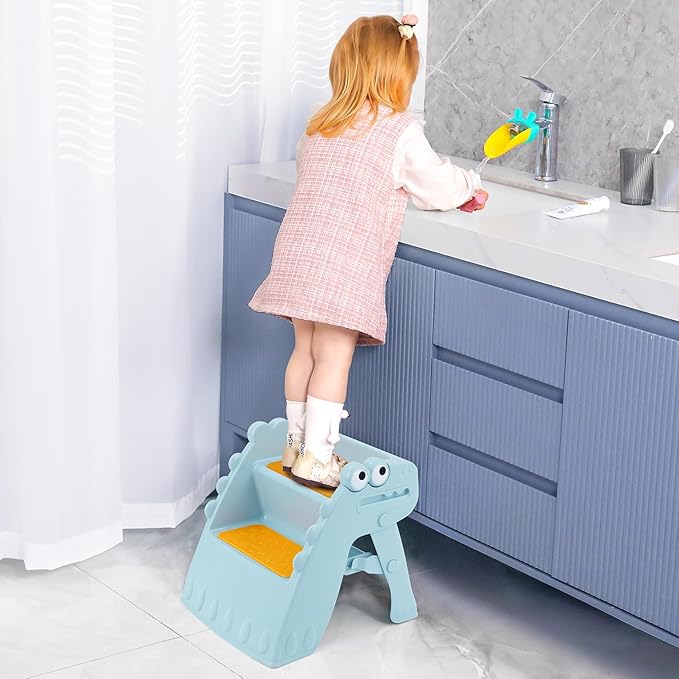 Onasti Toddler Step Stool Foldable Kids Step Stool,Bathroom Stool for Toddlers Non-Slip Toddler Step Stool for Bathroom Sink and Kitchen Counter with Cute Dinosaur Design(Blue)