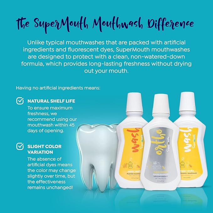 SuperMouth® Ortho Mouthwash – Fluoride + Nano-Hydroxyapatite, Vitamins D3 & K2, Prebiotics, Alcohol-Free, Alkaline pH, Protects Teeth with Braces & Aligners, Reduces White Spots, Tasty Flavors