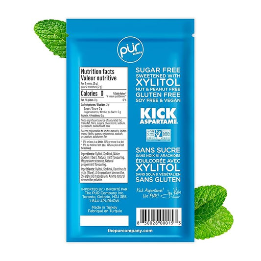 PUR Mints | Aspartame Free Breath Mints | Made with Xylitol | Sugar Free, Vegan, Gluten Free | Natural Peppermint Flavor | 65 Pieces in Re-Sealable pouch (Pack of 3)