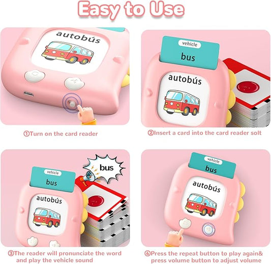 Kidzdo 520 Bilingual Spanish English Talking Flash Cards, Christmas Birthday Gifts for 2 3 4 5 6 Year Old Girls, Language Pocket Speech Therapy Toys, Portable Toddlers Toys for Ages 2-6 Kids, Pink