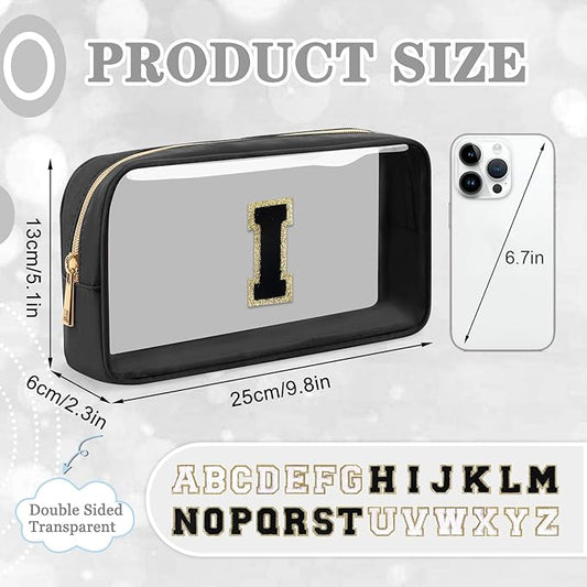 Small Clear Personalized Initial Makeup Bag,Nylon Preppy A-Z Chenille Letter Patch Cosmetic Pouch Beach Toiletry Bag,Waterproof Zipper Travel Purse Storage Bag Organizer for Women Girls(Black-Black I)