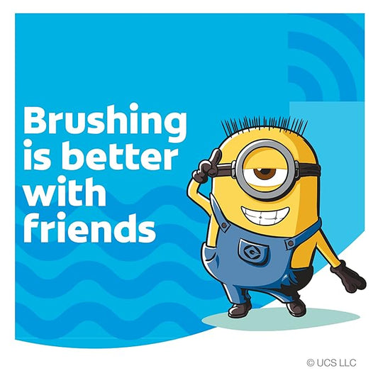 Colgate Kids Battery Powered Toothbrush with Included AA Battery, Extra Soft Bristles, Flat-Laying Handle to Prevent Rolling, Minion, 1 Pack