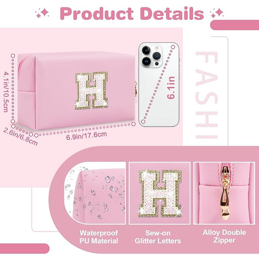 Small Personalized Initial A-Z Patch Makeup Bag,Pink Cute PU Leather Glitter Letter Cosmetic Bag for Teen Girls,Travel Toiletry Bag with Zipper,Preppy Monogrammed Birthday Gift for Daughter Niece H