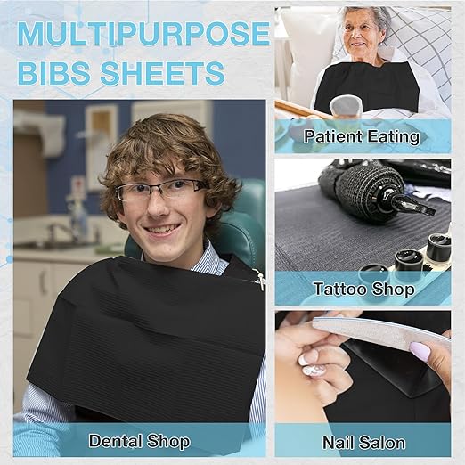 200 Pack Disposable Dental Bibs 13"x18", 3-Ply Waterproof Tattoo Bibs Sheet for Nail Salon, Dental Clinic, Feeding, Tattoo Shop (Black)