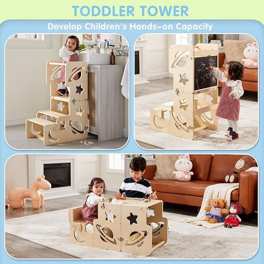 Toddler Tower, Toddler Stool for Kitchen, Kids Learning Wooden Tower, Foldable Weaning Table with Kids Step Stool, Montessori Standing Tower for Bathroom and Kitchen Counter