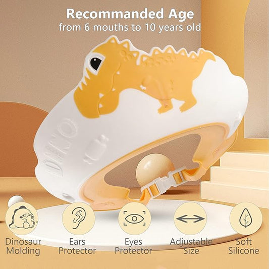 FUNUPUP 2 Pack Kids Shower Cap, Adjustable Toddler Hair Washing Bathing Cap Shield Visor Shampoo Cap Protect Baby Eyes (Dinosaur Red + Dinosaur Yellow)