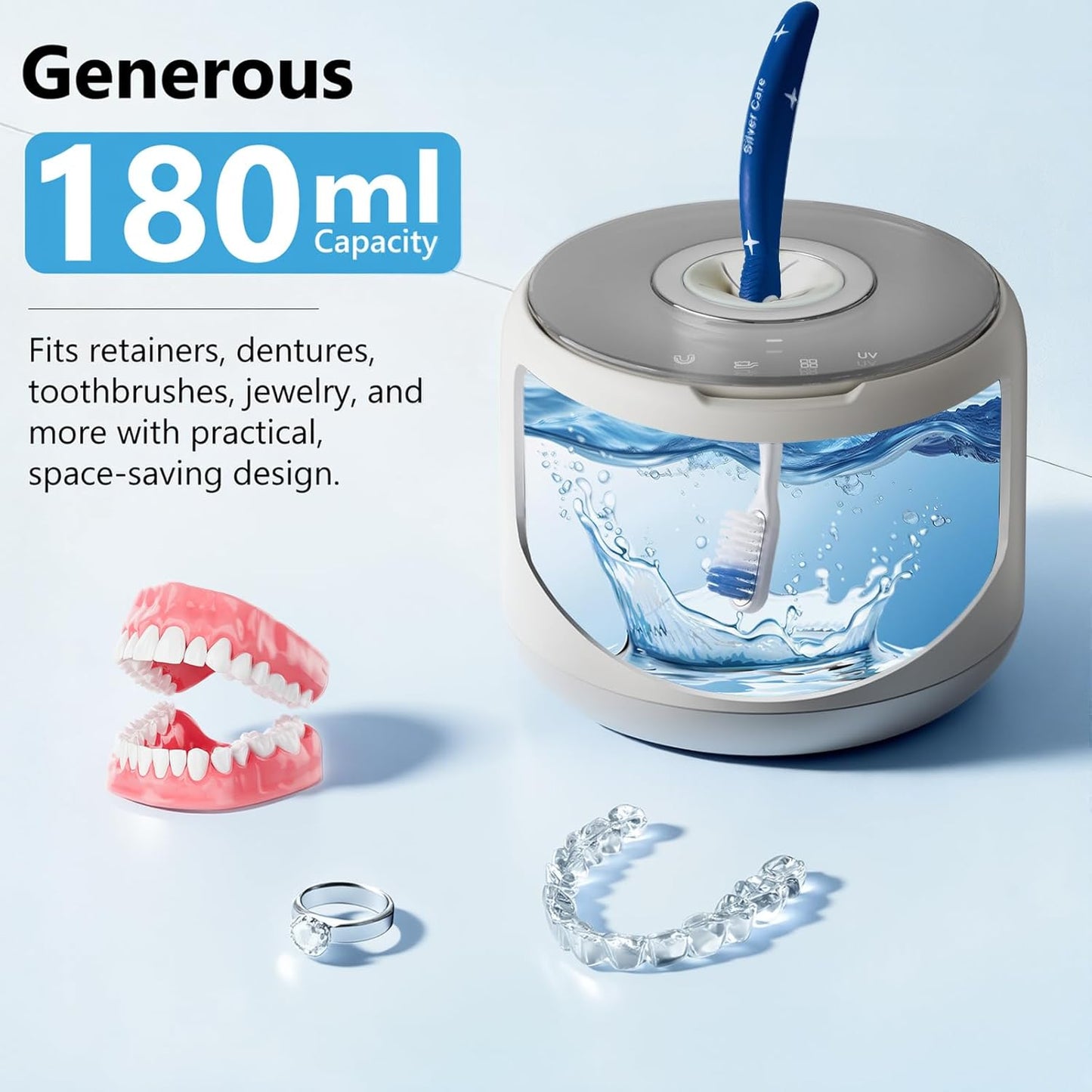 Rechargeable Ultrasonic Retainer Cleaner Machine, 46kHz Portable Dental Cleaning Pod for Night Mouth Guards, Braces, Jewelry, Aligner- 2500mAh Battery for Travel & Home