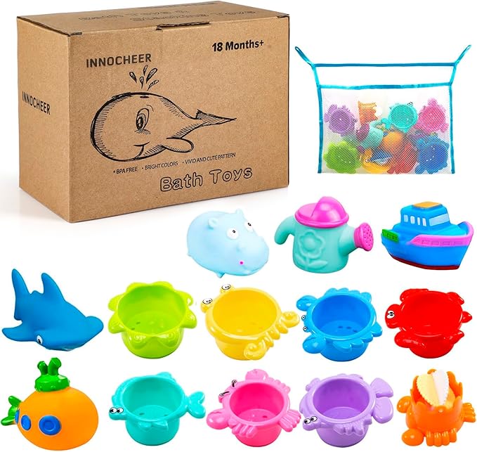 INNOCHEER Baby Bath Toys for Toddlers, Water Table Toys with Mold Free Stacking Cups, Quick Dry Organizer Net, 13 Pcs Bathtub Game, Beach and Pool Party