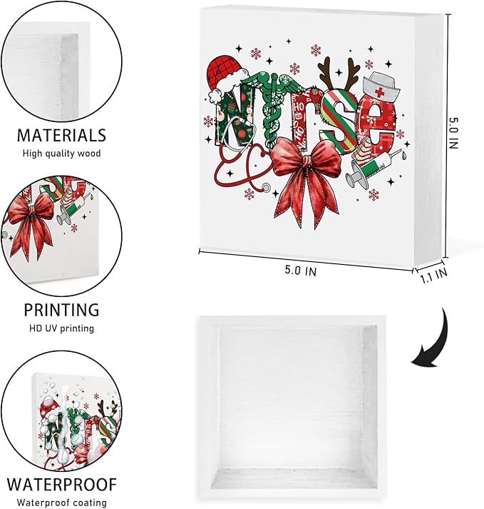 Red Bow Christmas Nurse Wooden Box Sign, Nurses Gifts for Christmas, Holiday Winter Xmas Nurse Wood Block Plaque Signs for Nursing Office School Home Desk Table Shelf Decor, 5x5 Inch