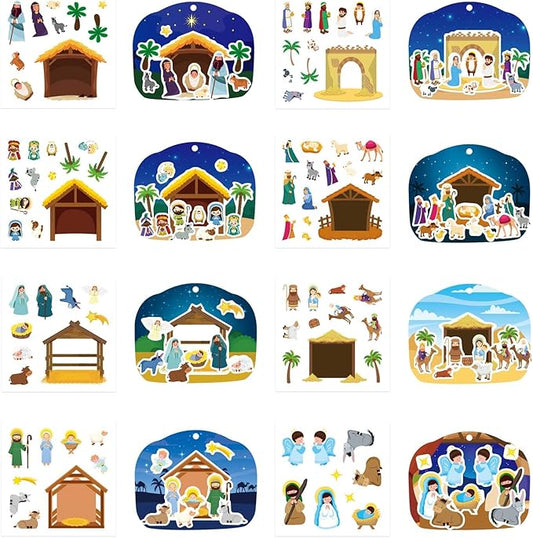 Christmas Nativity Craft Kit for Kids, Make a Nativity Scene Hanging Ornament Sticker Kit, Jesus Birth Stickers, Christian Religious Bible Scene Party Favor Home Classroom Activity(24 Sets)