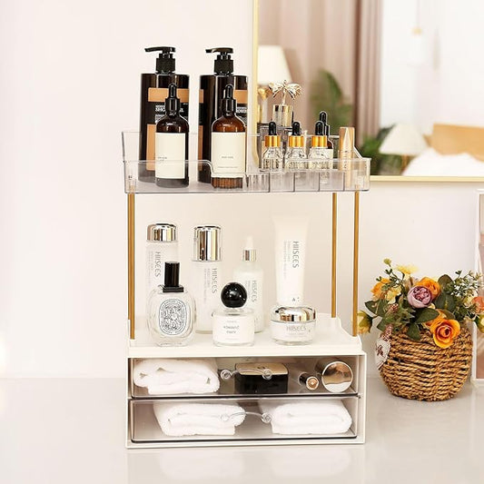2-Tier 2-Drawer Bathroom Countertop Organizer, Multi-Purpose Makeup Organizer for Vanity, Large Skincare Countertop Organizer, Cosmetic Display Case for Dresser, Elegant Gifts for Women, Clear