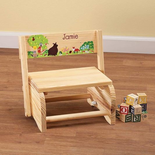 Custom 2-in-1 Children's Step Stool and Chair, Customized with Kid’s Name, Woodland Animals Design