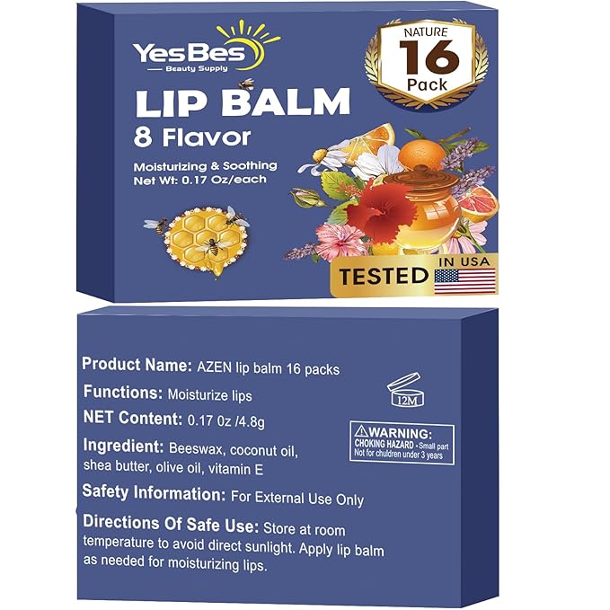 16 Pack Lip Balm, Natural Lip Balm Bulk with Vitamin E and Coconut Oil, Moisturizing Lip Balms for Dry Cracked Lips, Lip Balms for Stocking Stuffers - 8 Flavors