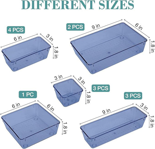 13 PCS Drawer Organizer Set, 5 Varied Size Bathroom and kitchen Drawer cabinet organizer Trays, Clear Storage Bins for Makeup, Jewelry, Utensils and Gadgets, Dark Blue