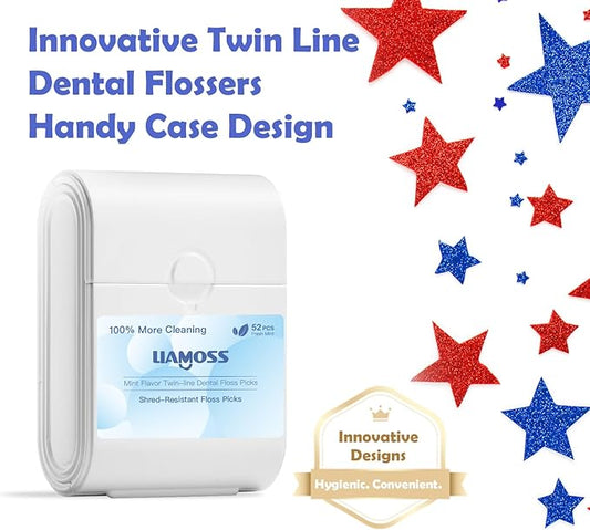 Twin Line Floss Picks Handy Case,2 Box Toothpicks Portable Case 104 Count Shred Resistant Flossers for Adults,Comfort Floss Sticks,Perfect for Tight Teeth,Super-Cleansing Design(White)…