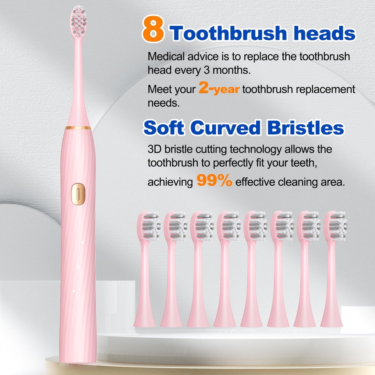 Sonic Electric Toothbrush for Adults and Kids, Rechargeable Toothbrush With 8 Brush Head, 4 Modes and 2 Minute Timer, 42000VPM Power Motor, IPX8 Waterproof, 4 Hours Fast Charge last 90 days (Pink)