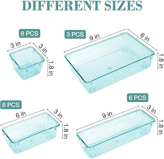 25 PCS Drawer Organizer Set, 4 Varied Size Bathroom and kitchen Drawer cabinet organizer Trays, Clear Storage Bins for Makeup, Jewelry, Utensils and Gadgets