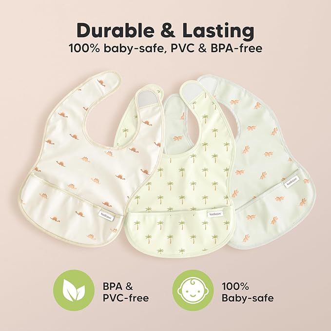 KeaBabies 3-Pack Waterproof Baby Bibs for Eating - Lightweight Toddler Feeding Bibs with Large Food Catcher, Mess Proof, Food-Grade Baby Eating Essentials, Easy to Put On & Clean (Toy Land)