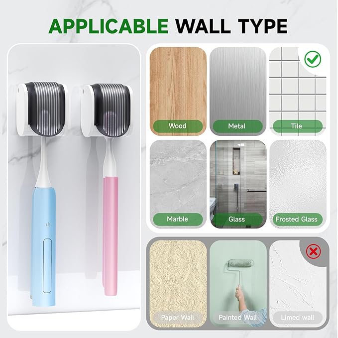6 Pcs Toothbrush Holders Wall Mounted, Single Slot Design, Shower Self Adhesive Wall Mounted Toothbrush Holder with Cover, Waterproof and Dustproof, Suitable for Bathroom, Family, Travel (Grey)