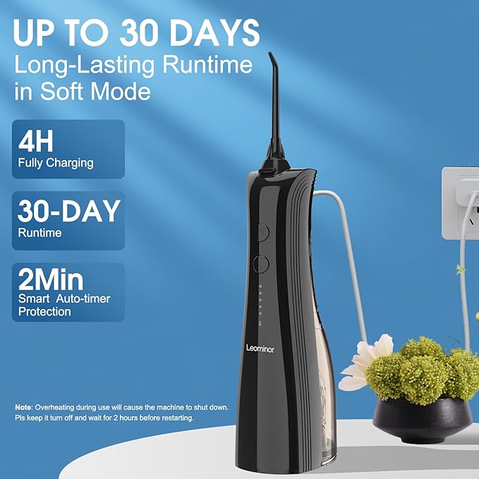 Leominor Water Dental Flosser - 5 Modes Cordless Portable Oral Irrigator, IPX7 Waterproof, Rechargeable Teeth Cleaner Upgrade Datchable Tank Professional Flossing Cleaning Pick for Home Travel (Black)