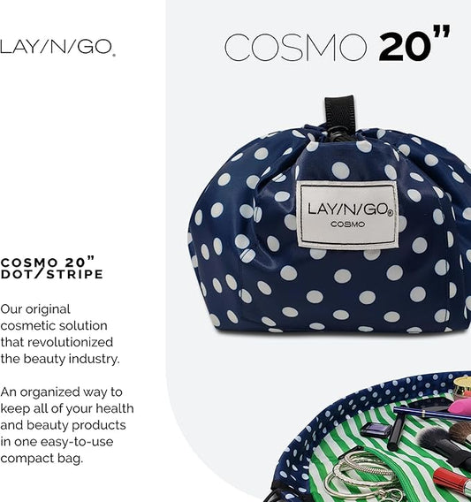 Lay-n-Go Cosmo Layflat Drawstring Cosmetic & Makeup Bag Organizer w/Zipper Pocket, Brush Loops & More, Cinch to Close, Lay Flat to Use, Durable, Machine Wash, Travel Toiletry Bag (20", Navy/Green)