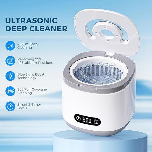 Ultrasonic Retainer Cleaner 200ml Capacity, 45kHz Sonic Dental Cleaning Machine, Ultrasonic Jewelry Cleaner Digital Timer, Retainer Cleaner Machine for Mouth Guard, Braces, Aligner, Toothbrush Head